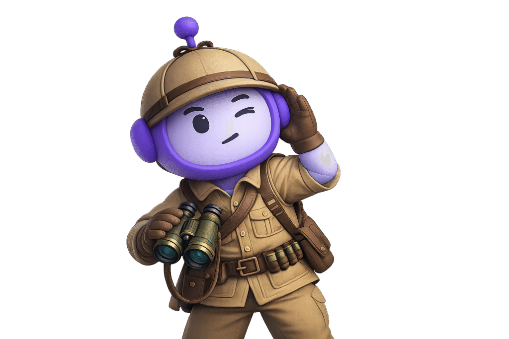 Robot explorador sosteniendo binoculares que simboliza un agente de ventas con IA para WhatsApp capaz de identificar clientes potenciales y generar oportunidades de venta de forma automática.