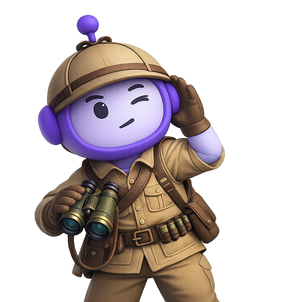 Robot explorador sosteniendo binoculares que simboliza un agente de ventas con IA para WhatsApp capaz de identificar clientes potenciales y generar oportunidades de venta de forma automática.