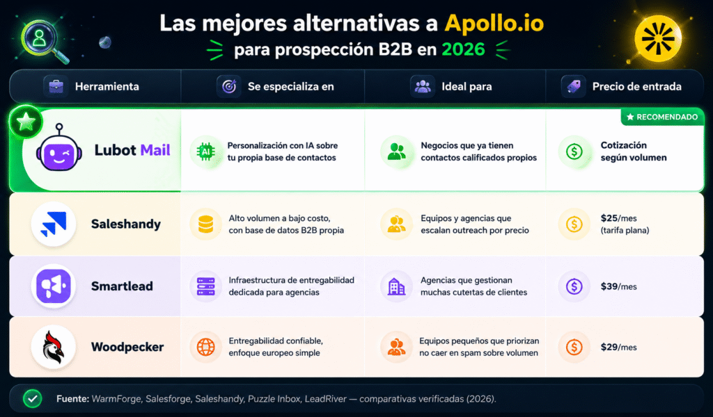 Alternativas a Apollo.io para prospección B2B en 2026: guía comprobada
