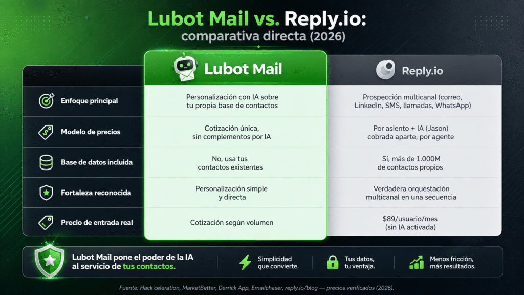 Lubot vs Reply.io: la comparación transparente para outreach por correo en 2026